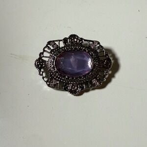 Vintage Style Oval Purple Gem Brooch Ornate Filigree Design Silver Tone